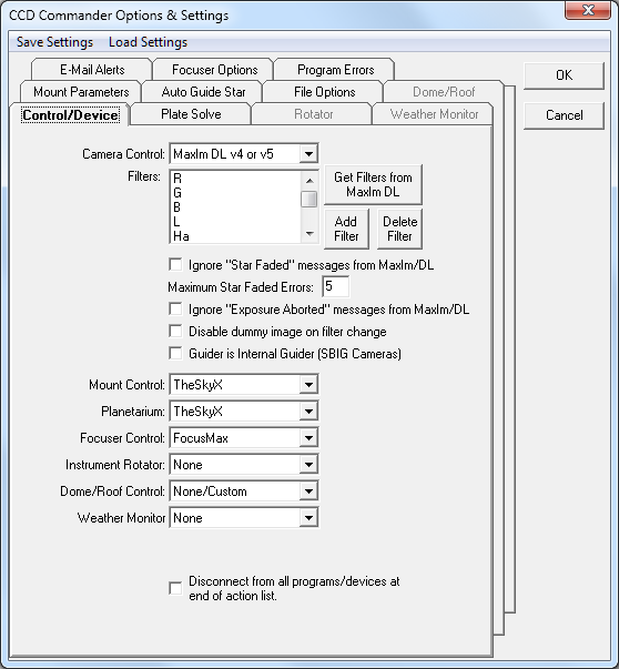 18 CCD Commander setup parameters.png - CCD Commander works with MaxIm DL, TheSkyX and FocusMax; but it also works with other popular programs.